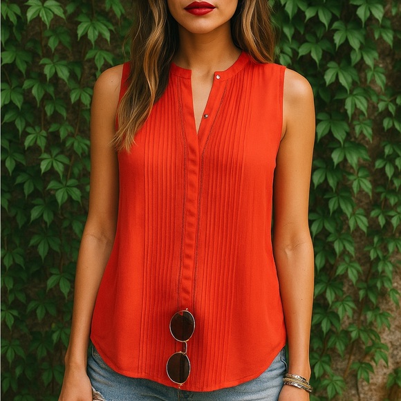 DIANE VON FURSTENBERG Crepe Slice Sleeveless Poppy Colored Top, 0 - Picture 2 of 15